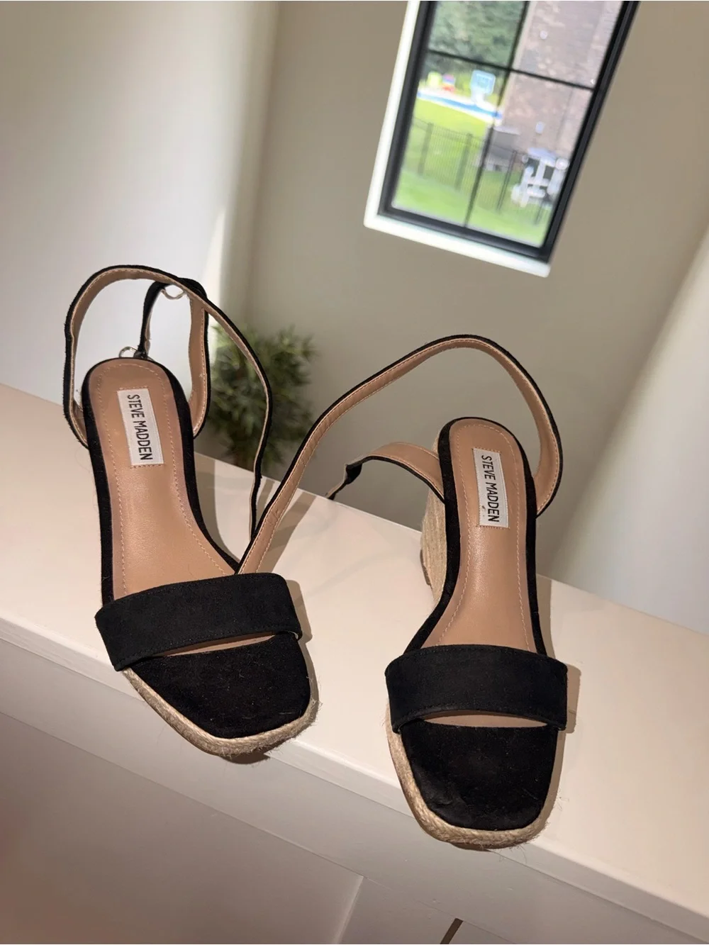 Steve Madden Black Espadrille Slingback Wedges